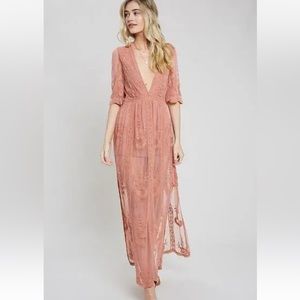 Wishlist Dusty Rose Sheer Lace Maxi Dress